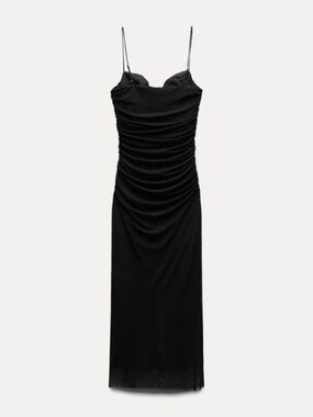 Zara Womens Midi Dress Small Black Tulle Draped ruched Bodycon 3152/240 NWT